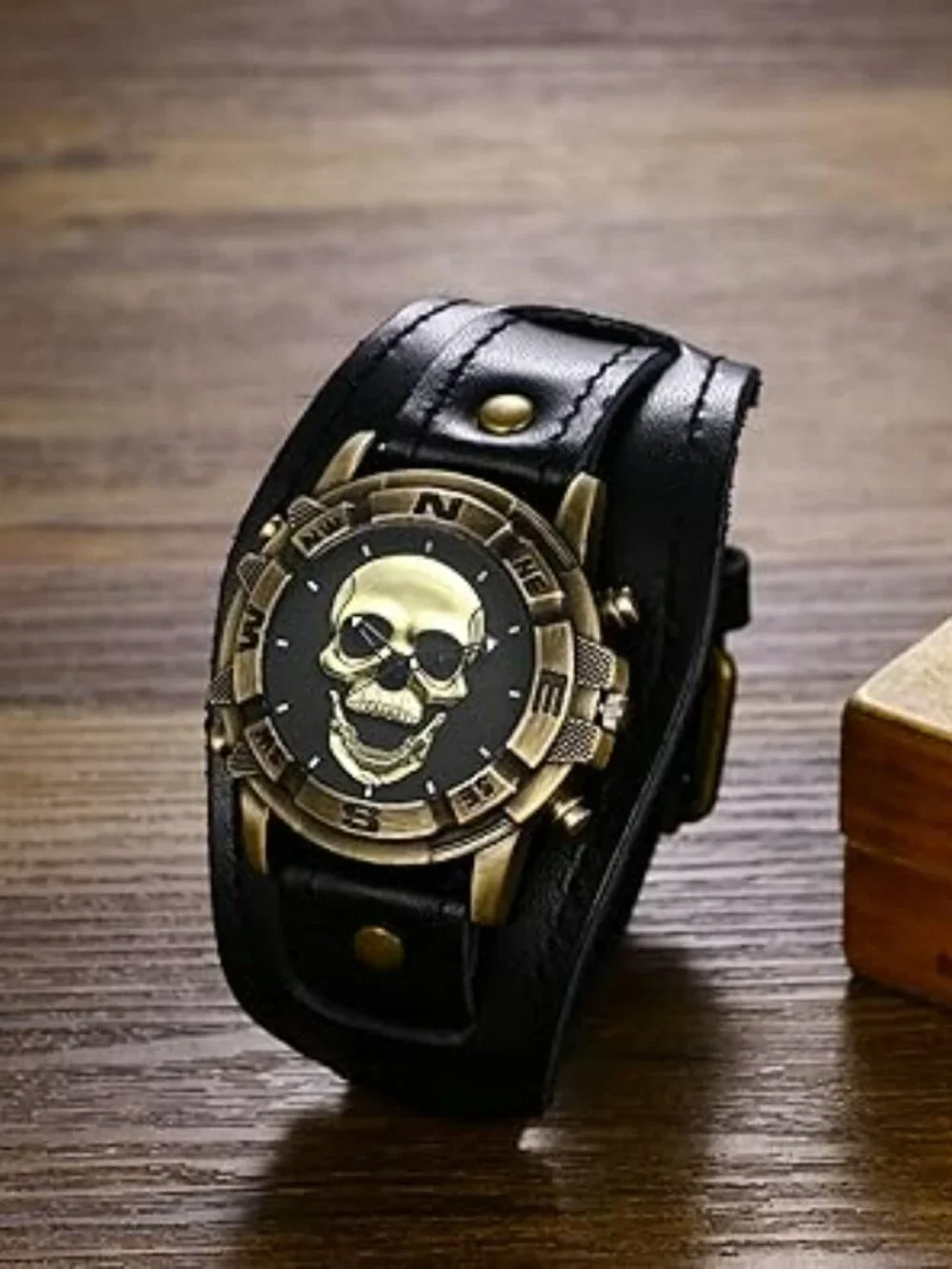 Men's Leather‎ Skull Watch Black Cuff Style Punk Goth Rock Wide Band NEW
